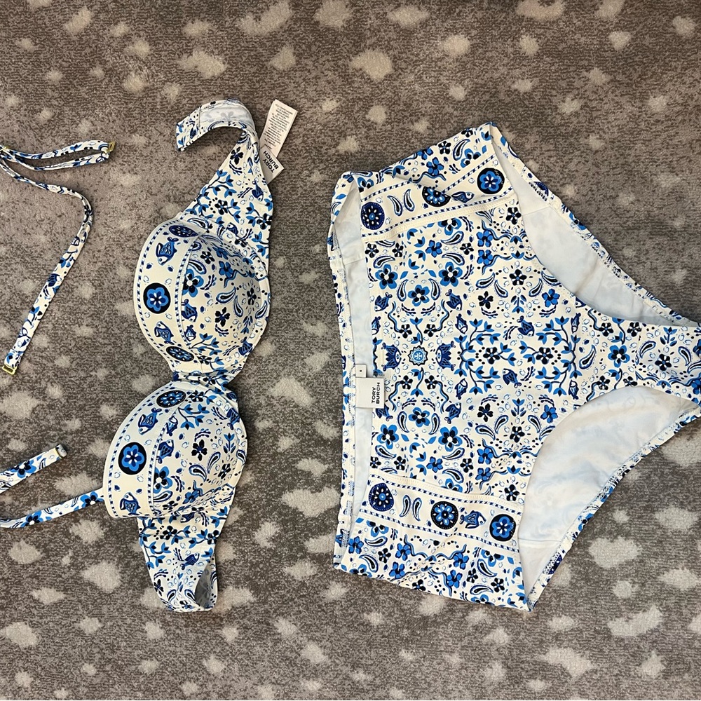 High waisted Tory Burch Blue and White Floral Bikini. (Top XS, Bottom S)